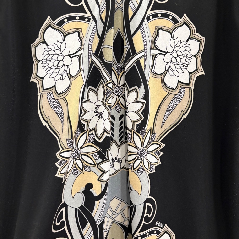 Hale Bob Black Gold Floral Medallion Beaded Tunic Stretch Jersey Shift Dress L - Picture 4 of 13